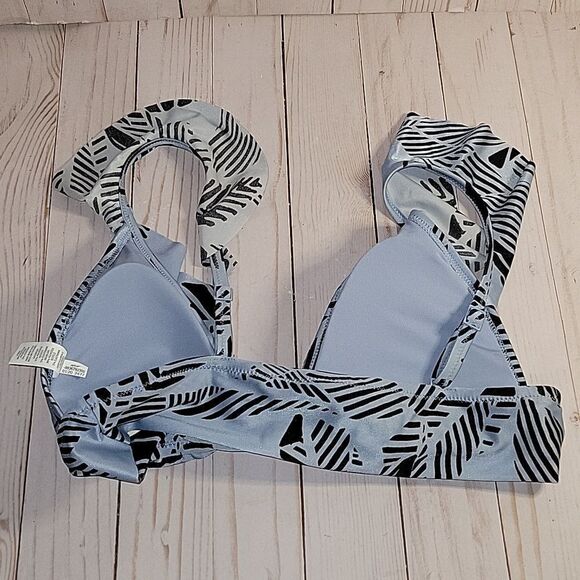 Aerie Women's Ruffle Trim Triangle Bikini Top Blue and Black Size L NWT - Picture 3 of 7
